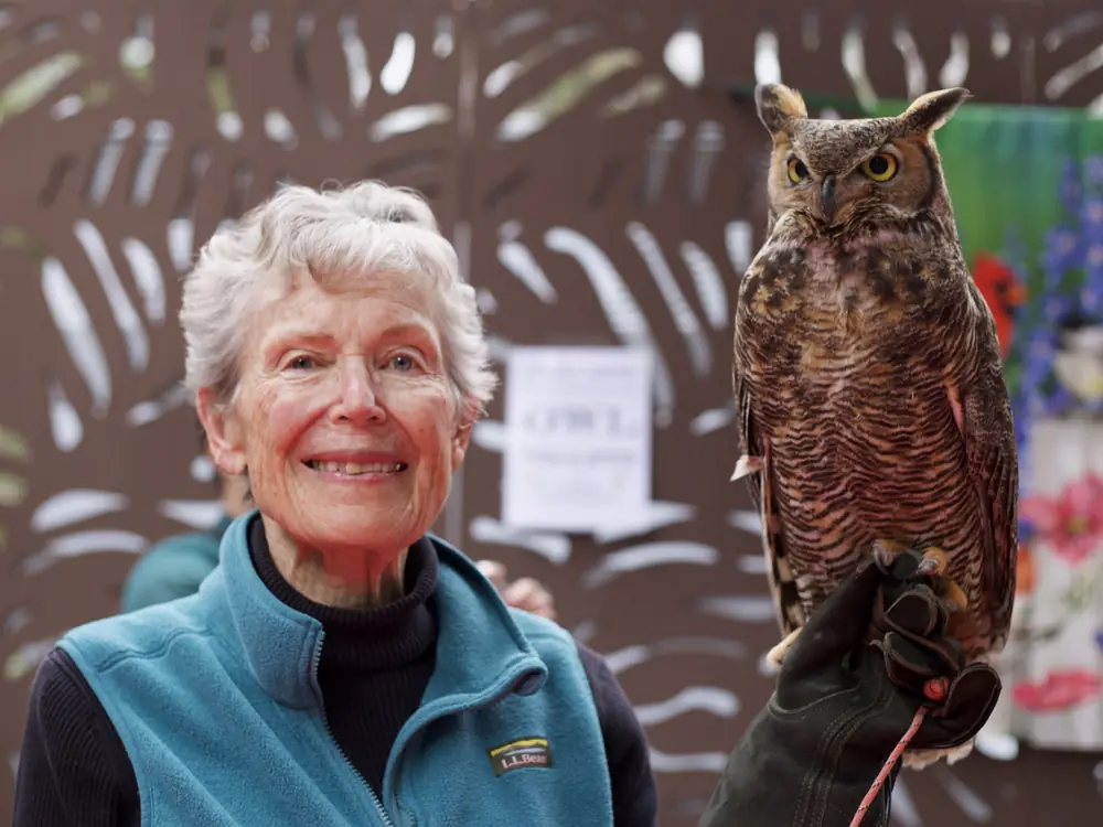 A smiling woman stands beside a Great Horned Owl perched on a handler's gloved hand
