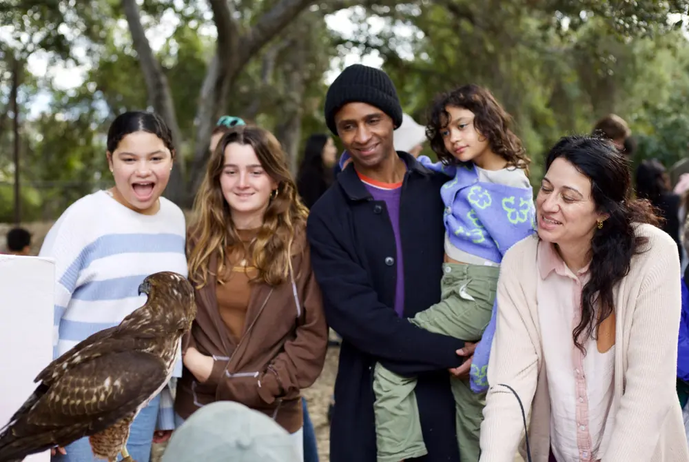 Teens, a parent holding a young child, and a woman smile as they meet a hawk up close