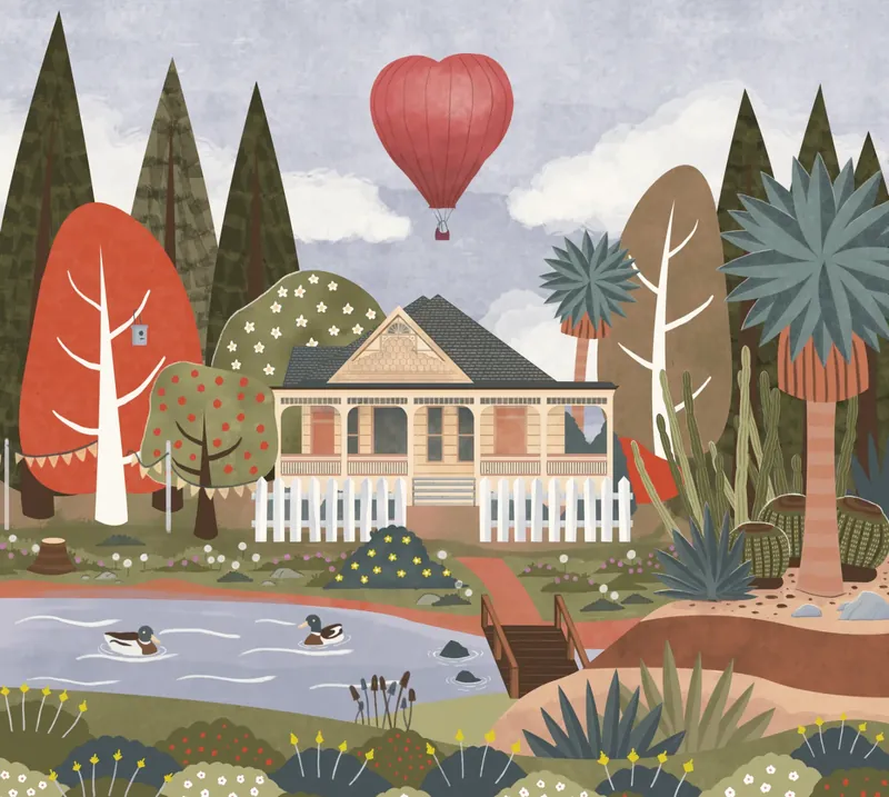 The card's painted background: the arboretum's Victorian house behind a white picket fence, a duck pond, redwoods, palms and cactuses, and a heart-shaped hot-air balloon in the sky.