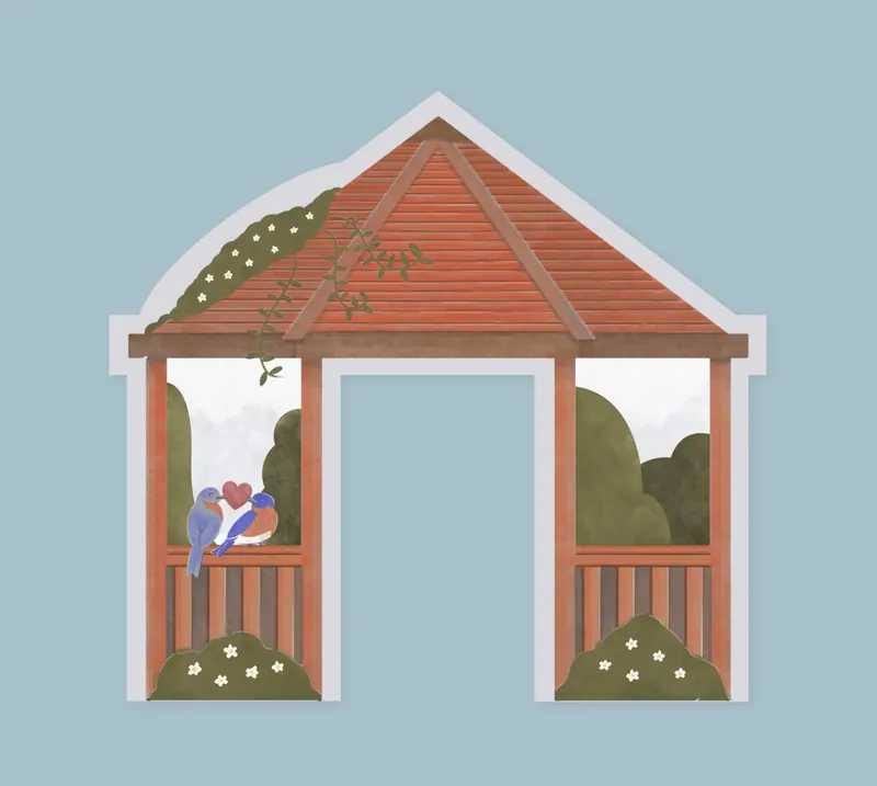 Gazebo layer: a red-roofed gazebo with two bluebirds on its railing.