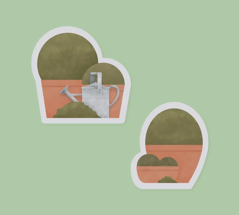 Plants layer: shrubs in terracotta planters and a watering can.