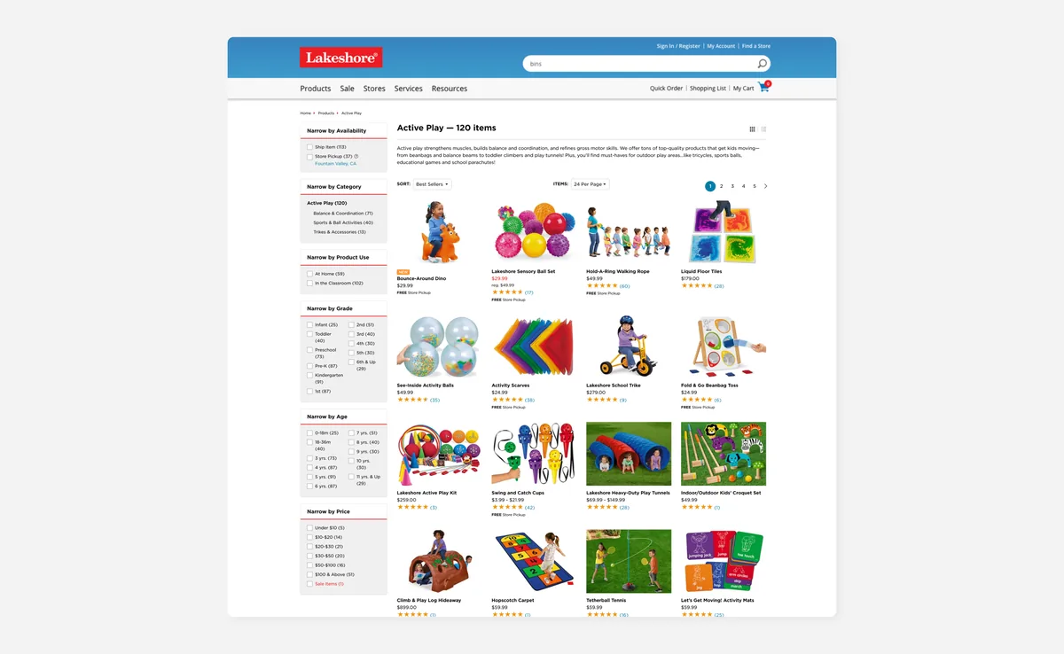 Lakeshore's Active Play search results page: filters down the left and a grid of toys with prices and star ratings.